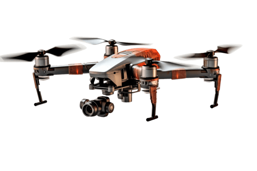 A drone with a black body and orange wings. The drone is in the air and has a camera on it png