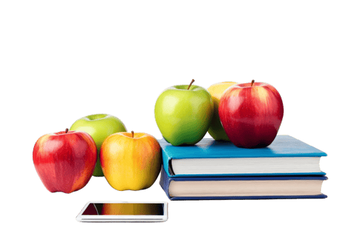 A book with a bunch of apples on top of it. The apples are green, red, and yellow png