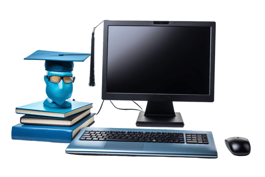 A computer monitor sits on a desk with a stack of books and a blue head with glasses png