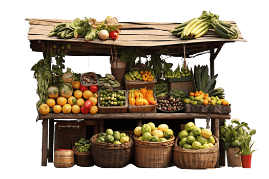A fruit stand with a variety of fruits and vegetables. The stand is set up in a way that makes it easy for customers to see and access the produce. Scene is bright and inviting png
