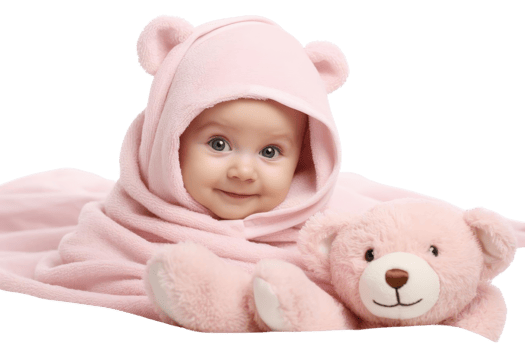 A baby wearing a pink bear suit and a pink teddy bear. The baby is smiling and looking at the camera png