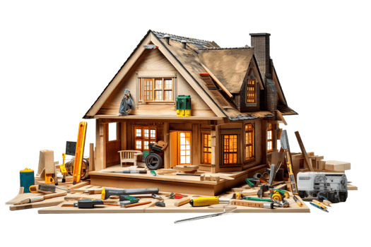 A house with a lot of tools and equipment scattered around it. Scene is that of a construction site or a workshop png