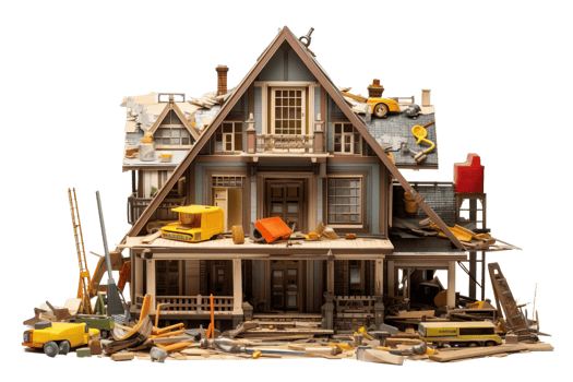 A house is in the process of being built, with many tools and materials scattered around. Scene is chaotic and busy, with a sense of progress and hard work png