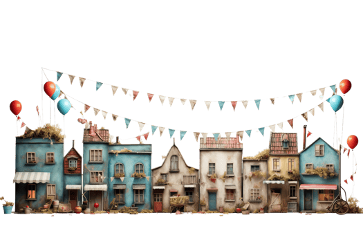 A row of houses with flags hanging from the roofs and balloons in the foreground. The scene is lively and colorful, giving off a festive and cheerful vibe png