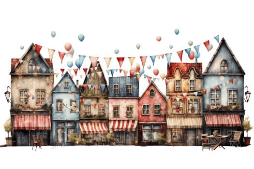 A colorful street scene with houses and awnings, with a banner hanging from the top of the buildings png