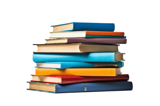 A stack of books with a blue book on top. The books are of different colors and sizes png