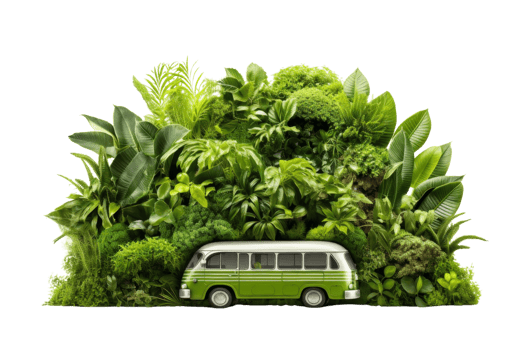 A green van is parked in front of a lush green jungle. The van is surrounded by various plants and trees, creating a sense of adventure and exploration. The image conveys a feeling of being in a wild png