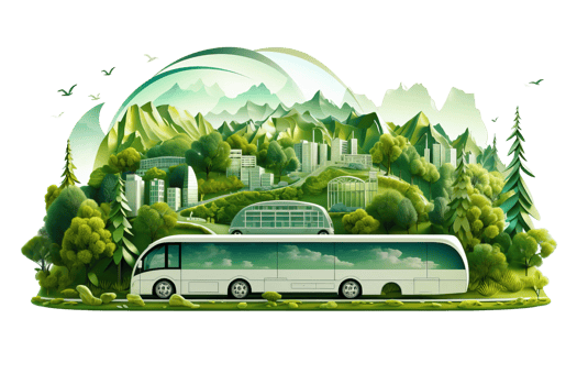A bus is driving through a lush green forest with mountains in the background. The bus is surrounded by trees and the scenery is very peaceful and serene png