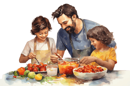 A man is cooking with two children. The man is wearing an apron and the children are wearing aprons. They are making a fruit salad png