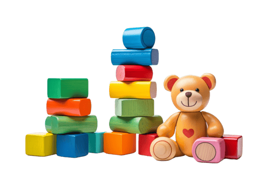 A teddy bear is sitting on a pile of wooden blocks. The blocks are stacked in a tower, with the bear sitting on top of it. Concept of playfulness and childhood innocence png