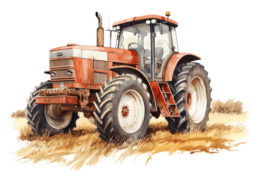 A red tractor is parked in a field. The tractor is old and rusty, and it has a lot of dirt on it png
