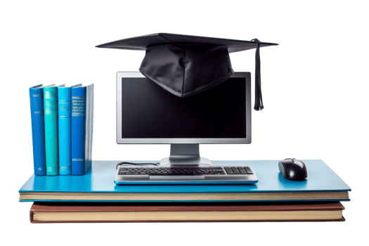A computer monitor sits on a desk with a black cap on top of it. The desk is covered with books and a mouse. Concept of education and learning, as the computer png