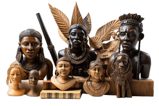 A collection of wooden sculptures of African men and women. The sculptures are arranged in a row, with some of them placed on top of a book. Scene is one of cultural appreciation png