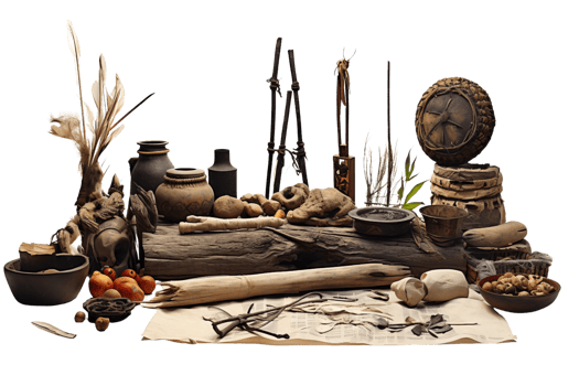 A table is covered with various items, including bowls, vases, and a clock. The scene appears to be a collection of different objects, possibly from different cultures or time periods png