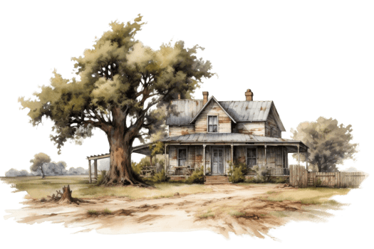 A house with a porch and a tree in front of it. The house is old and has a rustic feel png