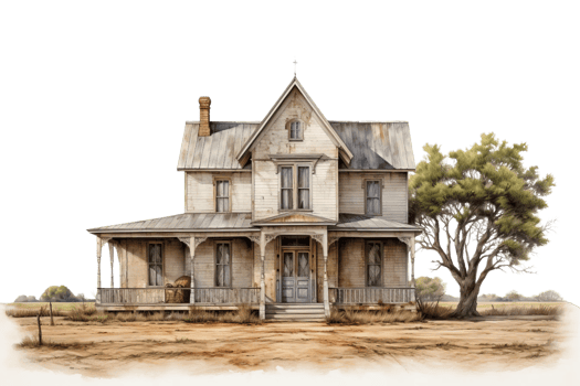 A large, old house with a porch and a tree in front of it. The house is old and run down, with a lot of rust and peeling paint. Scene is somewhat melancholic and nostalgic png