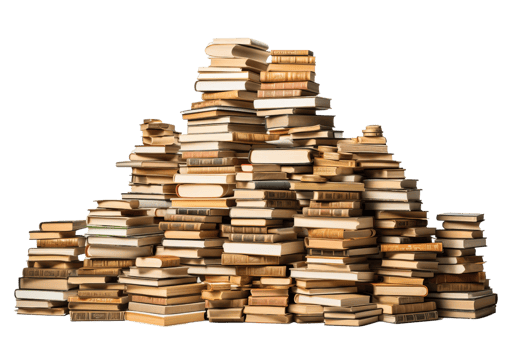 A pile of books is stacked on top of each other. The books are of various sizes and colors, and they appear to be old and worn. The pile is so high that it almost reaches the top of the image png