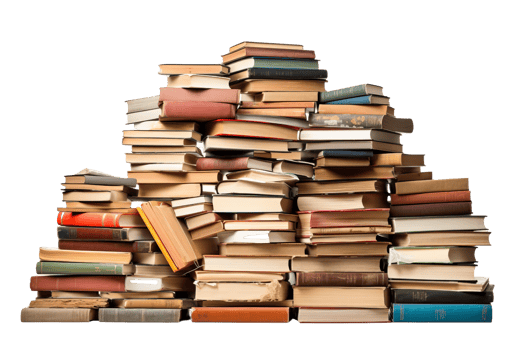 A pile of books is stacked on top of each other. The books are of various sizes and colors, and they appear to be old and worn. The pile is so high that it almost reaches the ceiling png