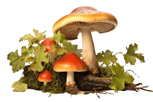 Three mushrooms are on a log with green leaves. The mushrooms are red and yellow png