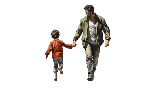 A man and a child are running together. The man is holding the child's hand. Scene is happy and playful png