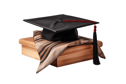 A black graduation cap sits on top of a wooden surface. The cap is adorned with a red ribbon and a black tassel. Concept of accomplishment and achievement png