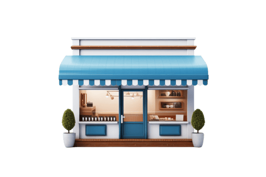 A blue and white store front with a blue awning. The store is open and has a window display png