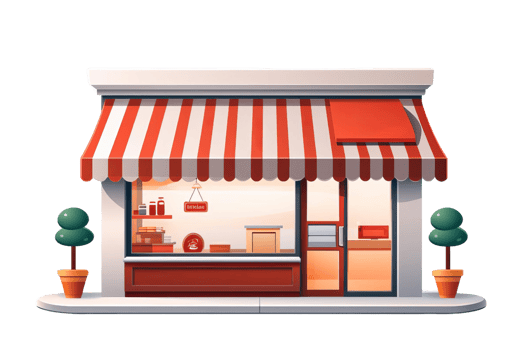 Illustration of a small shop with a striped awning, large window display, and potted plants on either side of the entrance. png
