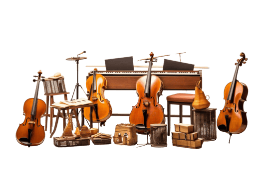 A collection of classical instruments including violins, cello, piano, and various wooden objects, ideal for classical music and orchestral themes. png