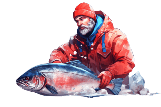 A man in a red jacket holding a large fish. The man is likely a fisherman who has just caught the fish png