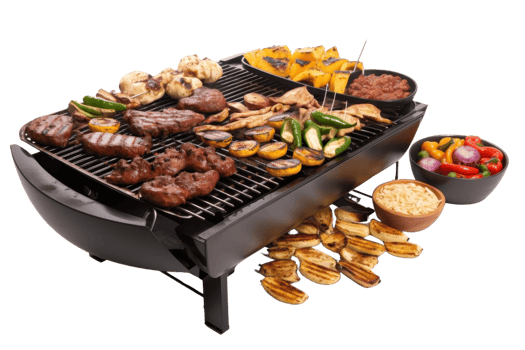 Assorted grilled meats and vegetables on a barbecue grill with side dishes on a transparent background. showcasing a delicious outdoor meal. png