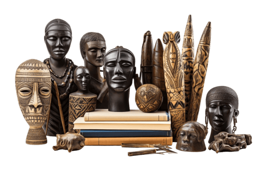 An assortment of intricately carved wooden African sculptures arranged together, reflecting rich cultural heritage and artistic craftsmanship. png