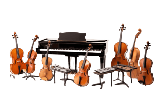 A group of string instruments, including a piano, sit in a row. The instruments are of various sizes and shapes, and they are arranged in a way that creates a sense of harmony and unity png
