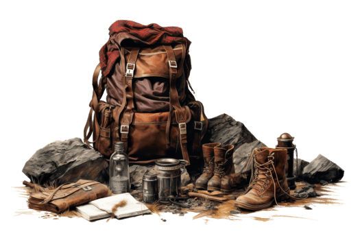 A backpack with a red blanket on top of it. The backpack is full of camping gear including a bottle, a book, a cup, a spoon, and a pair of boots png
