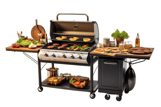 A grill with a variety of food on it, including hamburgers and vegetables. The grill is surrounded by a table with plates and utensils png
