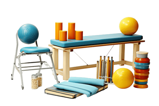 A blue and yellow exercise table with a chair and a ball. The table is full of exercise equipment and balls png