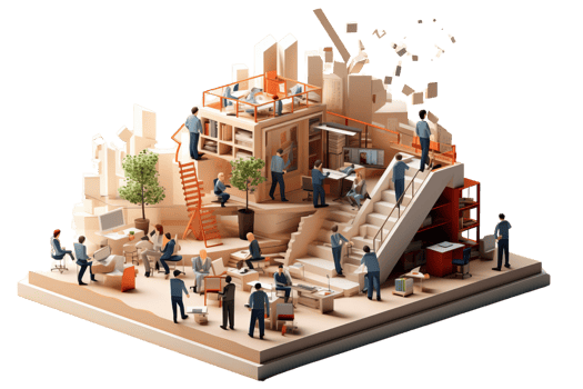 A group of people are working in a building with a lot of stairs. The building is made of wood and has a lot of furniture. The people are standing around and talking to each other png