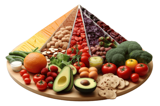 A colorful assortment of fruits and vegetables are displayed on a wooden board. The variety of produce includes apples, oranges, broccoli, and carrots. Concept of abundance and health png