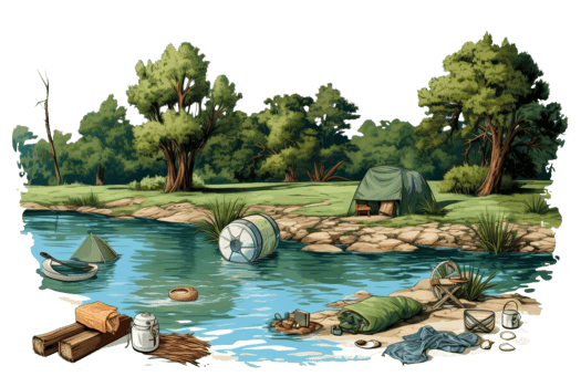 A painting of a forest with a river and a campsite. The campsite is littered with trash, including a large pile of garbage and a tent. The mood of the painting is one of sadness and disappointment png