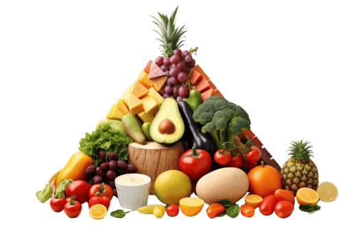 A pyramid of fruits and vegetables, including broccoli, avocados, and oranges. Concept of abundance and health, as it showcases a variety of fresh produce png