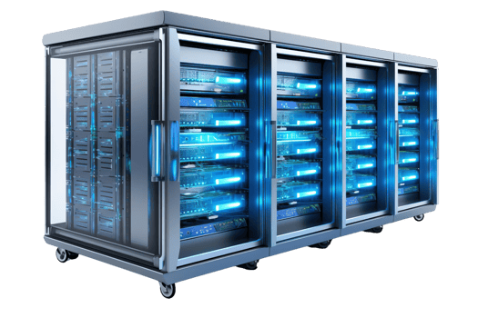 Modern data center server rack with illuminated blue lights representing advanced technology and high-performance computing. png