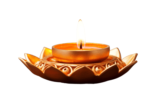 A small gold candle sits in a gold bowl. The candle is lit and the bowl is decorated with a flower design. Concept of warmth and tranquility, as the candle's light illuminates the bowl png