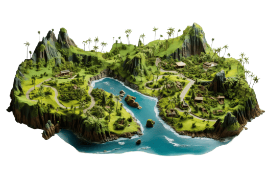A large island with a river running through it. The island is lush and green, with palm trees and houses scattered throughout. The water is calm and blue png