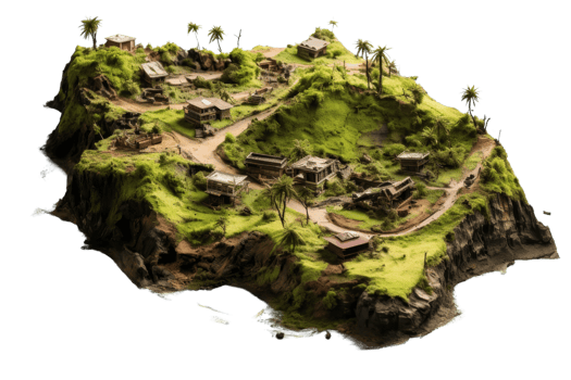 A small island with a village on it. The village is surrounded by a lush green hillside png