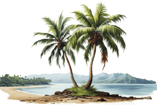 Two palm trees are on a beach near the ocean. The trees are tall and green, and they are the only trees in the scene. Scene is peaceful and relaxing png