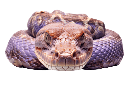 A purple snake is laying on its back with its head up. The snake has a menacing look on its face png