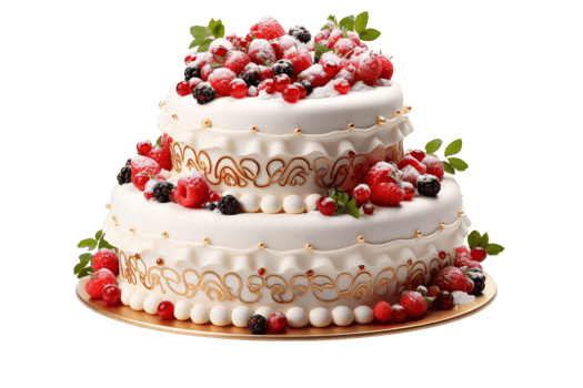 A white cake with strawberries and raspberries on top. The cake is decorated with gold and silver accents png