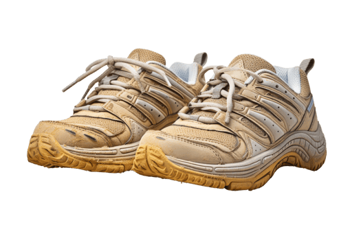 Two old shoes with white laces and a tan sole. The shoes are worn and dirty png