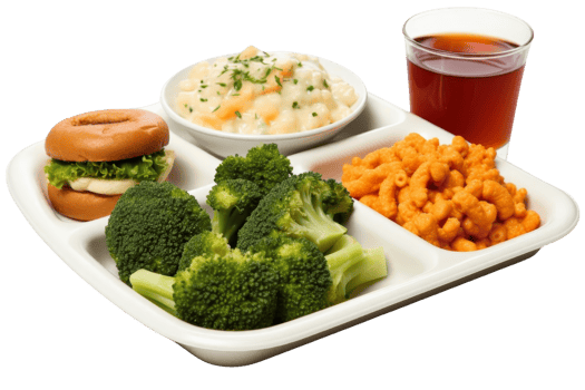 A white plate with a variety of food including broccoli, macaroni and cheese, and a sandwich png