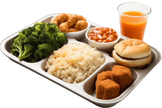 A tray of food with a cup of orange juice. The food includes rice, broccoli, and chicken png