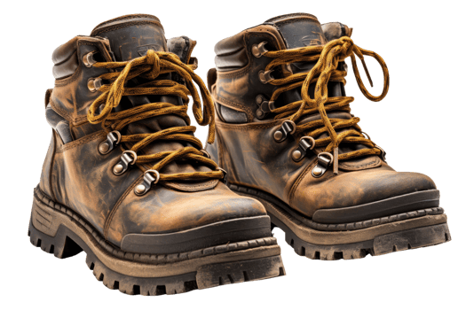 Two brown boots with a brown laces. The boots are worn and dirty. The boots are made for hiking and are designed to keep feet warm and dry png